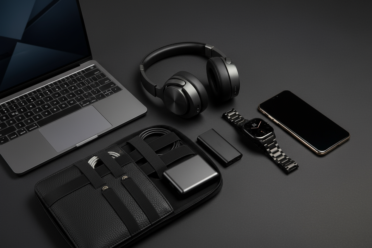 imagen de articulos tecnologicos en tono sobrio y profesional para una tienda de hombres